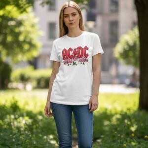 NWOT Unisex AC/DC White Short Sleeve Graphic Tee Floral Design - Size Small